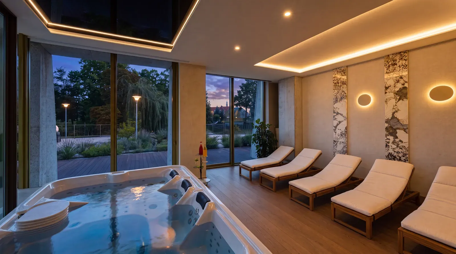 Jacuzzi und Liegen am Abend im PONTI SPA